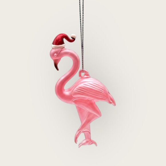 Glass Pink Flamingo with Santa Hat Christmas Ornament White Iridescent String - Picture 2 of 3